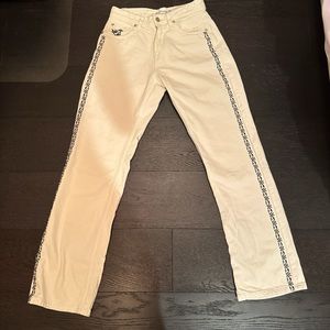 Stradivarius Cream Straight Leg Jeans with Black Embroidery